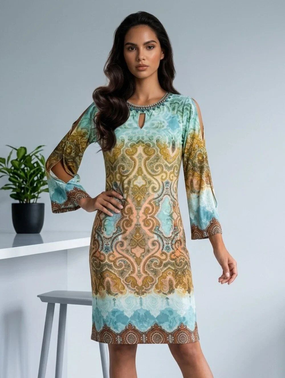 Chico's Beaded Paisley Shift Dress Bell Sleeve Knee Length Career Party XS 4
